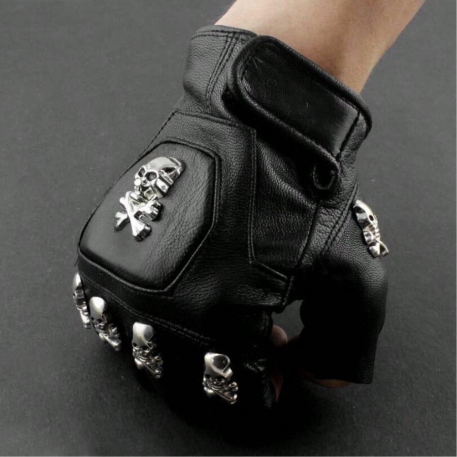 Leather Driving Glove - Heren echte leren skull punk rocker